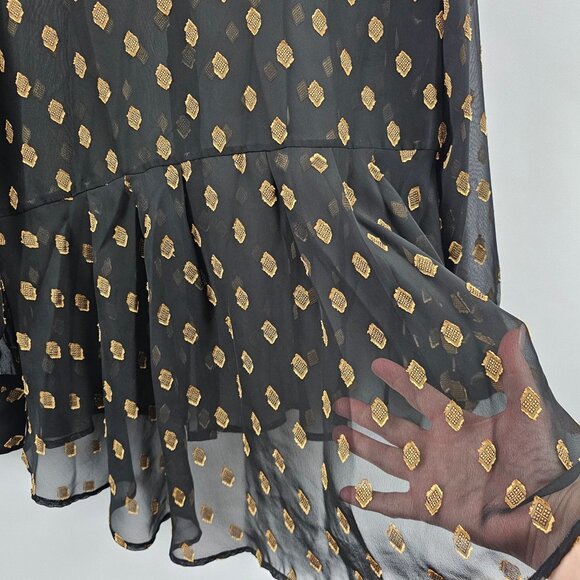 Chico's Button Up Blouse Black Gold Sheer 3/XL Lightweight Peplum Pleated Back - Picture 5 of 12